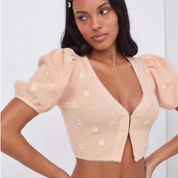 For Love & Lemons ✦ Embroidered Buds Cardigan ✦ Orange Daisy Puff Sleeve Ribbed - Picture 2 of 8